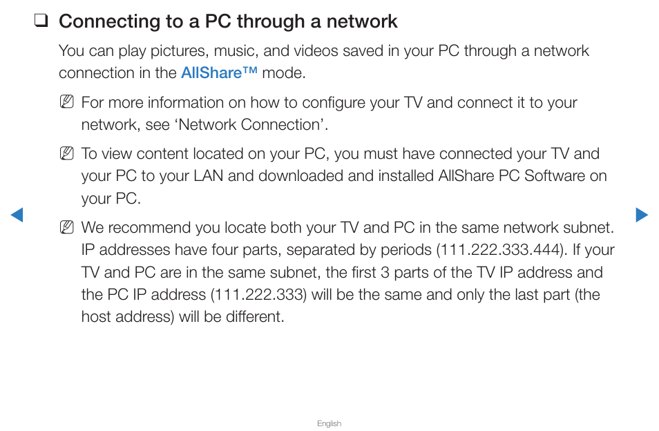 Connecting to a pc through a network | Samsung UN65D8000XFXZA User Manual | Page 224 / 324