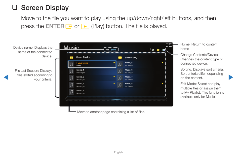 Screen display, Music | Samsung UN65D8000XFXZA User Manual | Page 227 / 324