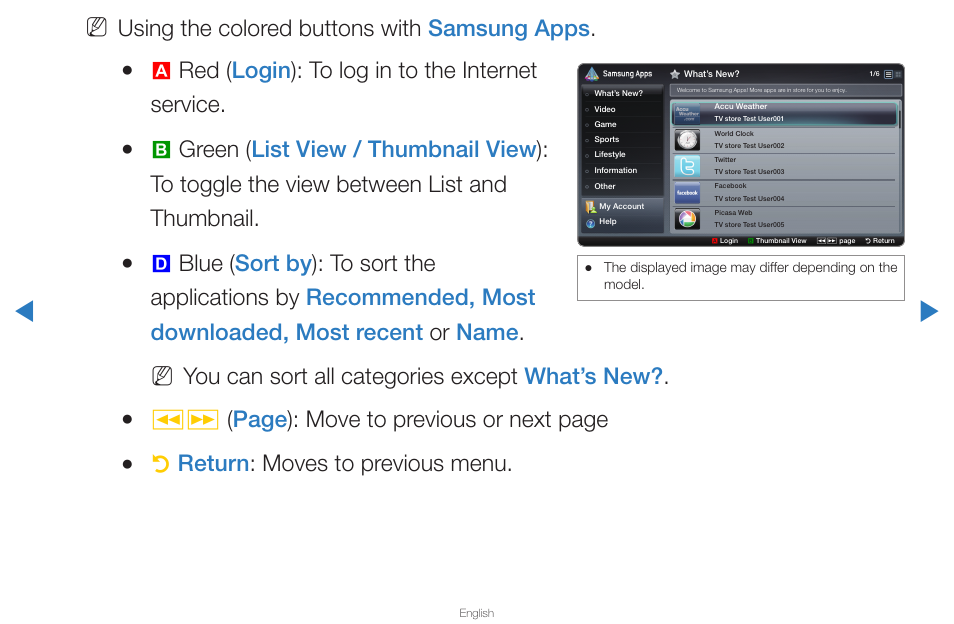 Using the colored buttons with samsung apps, Ared ( login ): to log in to the internet service, You can sort all categories except what’s new | Πµ ( page ): move to previous or next page, Rreturn : moves to previous menu | Samsung UN65D8000XFXZA User Manual | Page 249 / 324