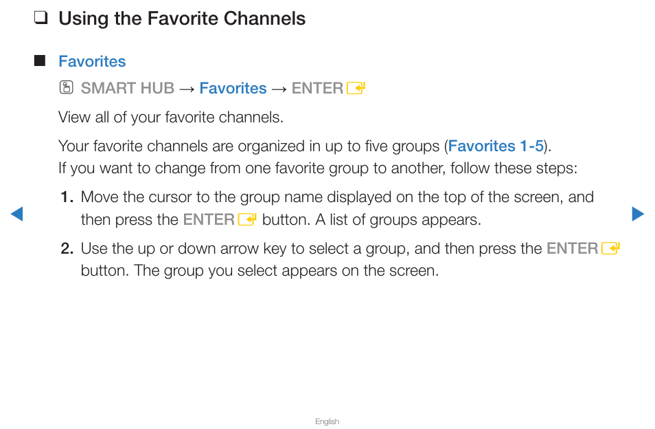 Using the favorite channels | Samsung UN65D8000XFXZA User Manual | Page 25 / 324