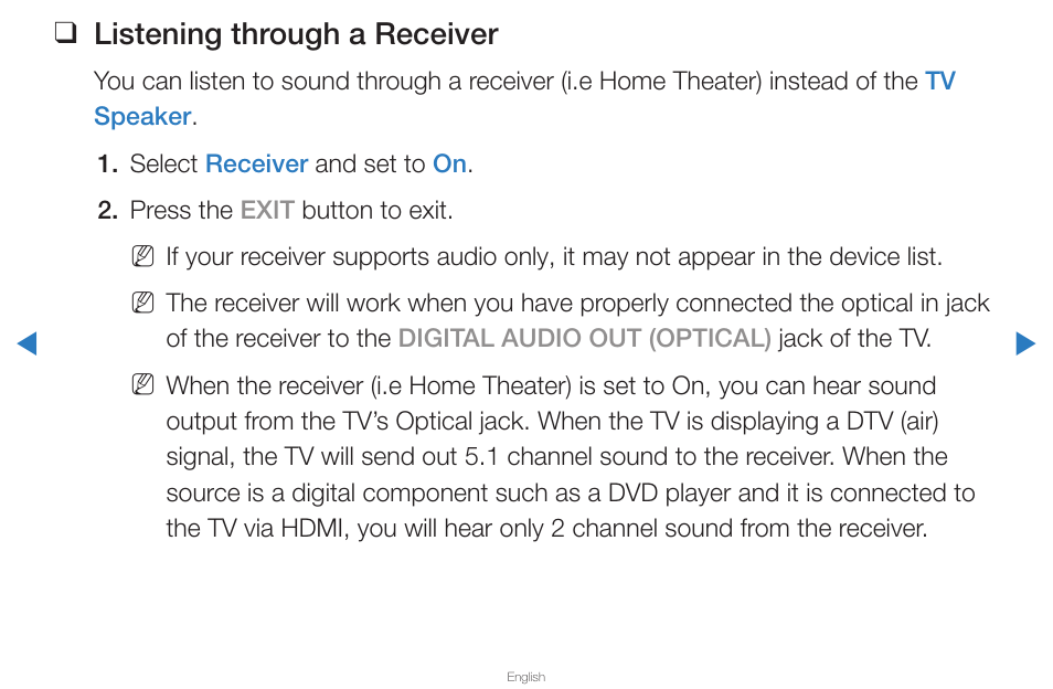 Listening through a receiver | Samsung UN65D8000XFXZA User Manual | Page 304 / 324