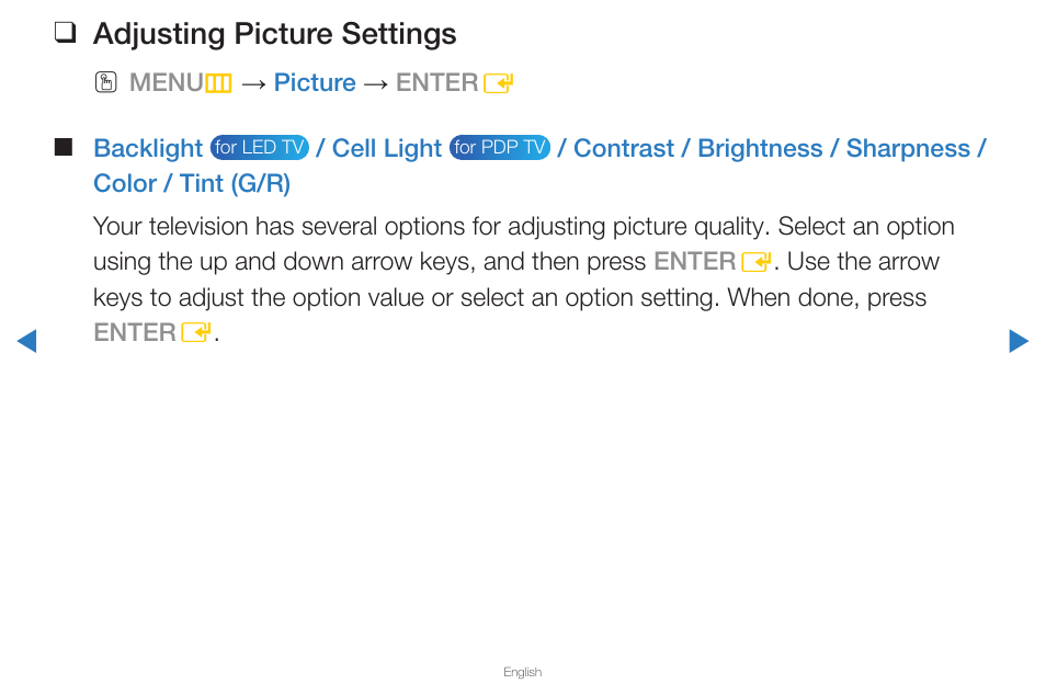 Adjusting picture settings | Samsung UN65D8000XFXZA User Manual | Page 36 / 324