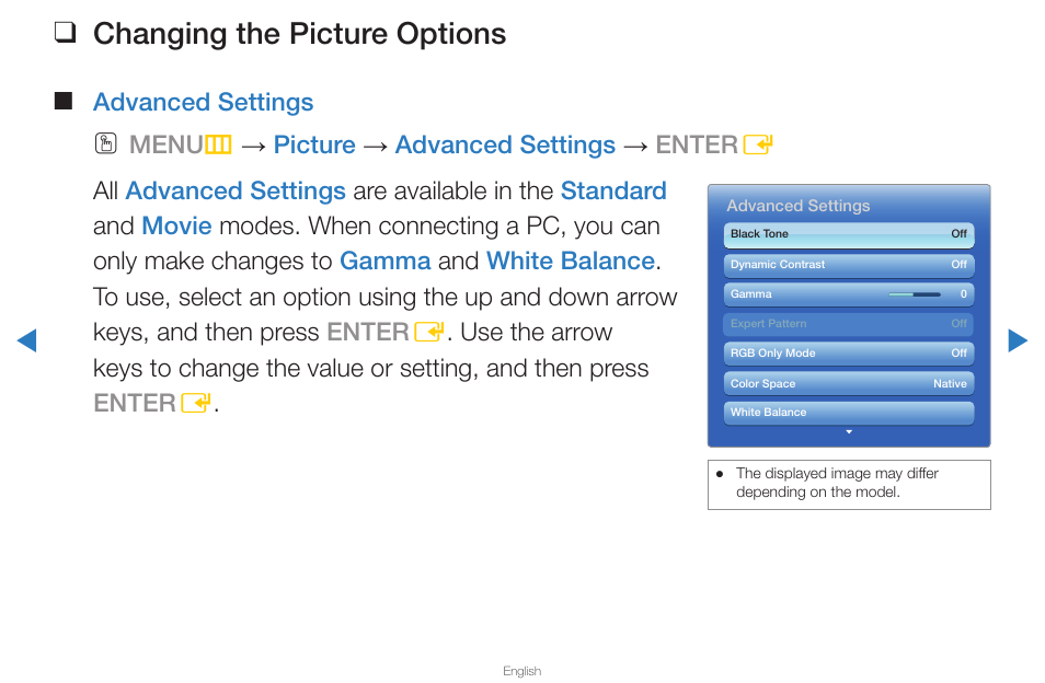 Changing the picture options, Advanced settings | Samsung UN65D8000XFXZA User Manual | Page 44 / 324