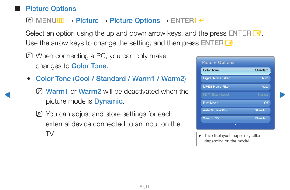 Picture options, Color tone (cool / standard / warm1 / warm2) | Samsung UN65D8000XFXZA User Manual | Page 51 / 324