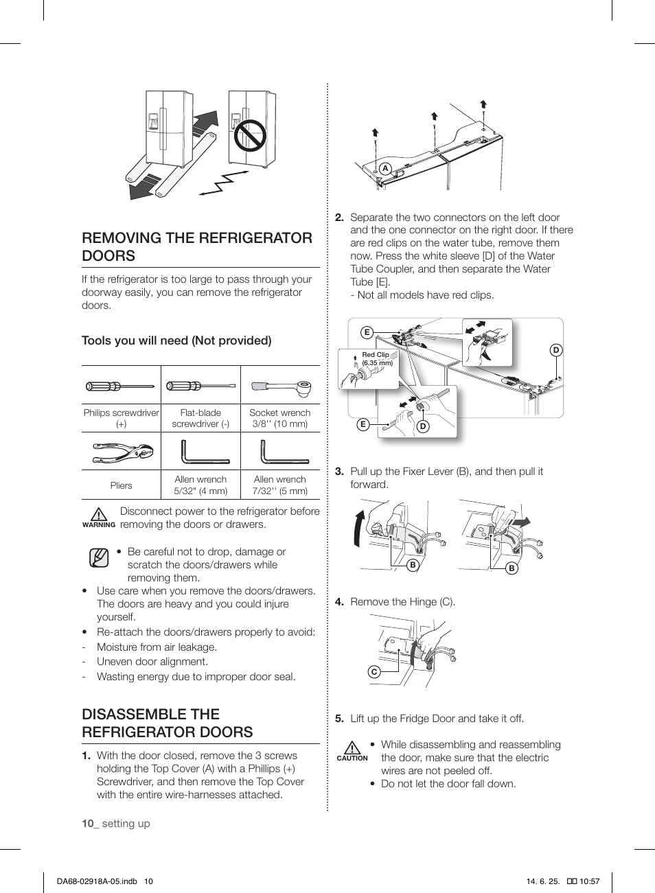 Removing the refrigerator doors, Disassemble the refrigerator doors | Samsung RF32FMQDBXW-AA User Manual | Page 10 / 84