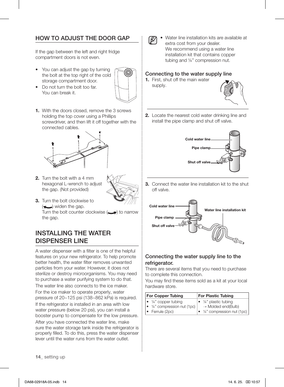 Installing the water dispenser line, How to adjust the door gap | Samsung RF32FMQDBXW-AA User Manual | Page 14 / 84