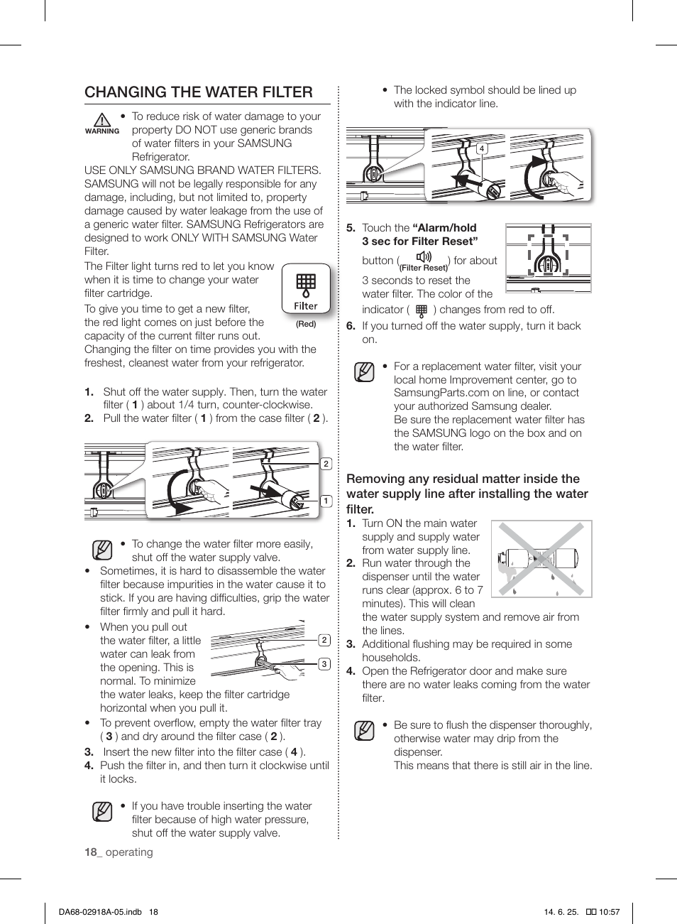 Changing the water filter | Samsung RF32FMQDBXW-AA User Manual | Page 18 / 84