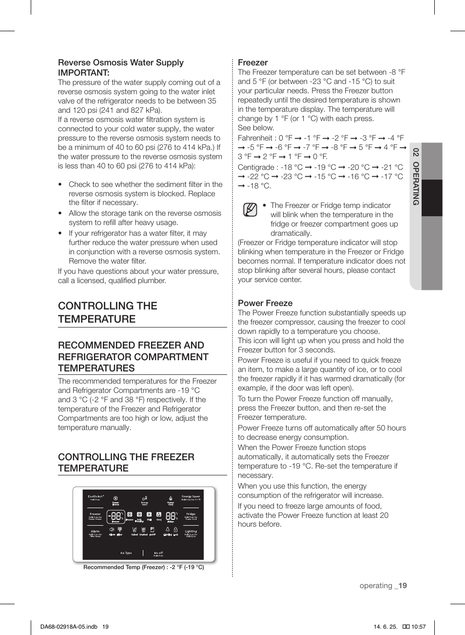 Controlling the temperature, Controlling the freezer temperature | Samsung RF32FMQDBXW-AA User Manual | Page 19 / 84