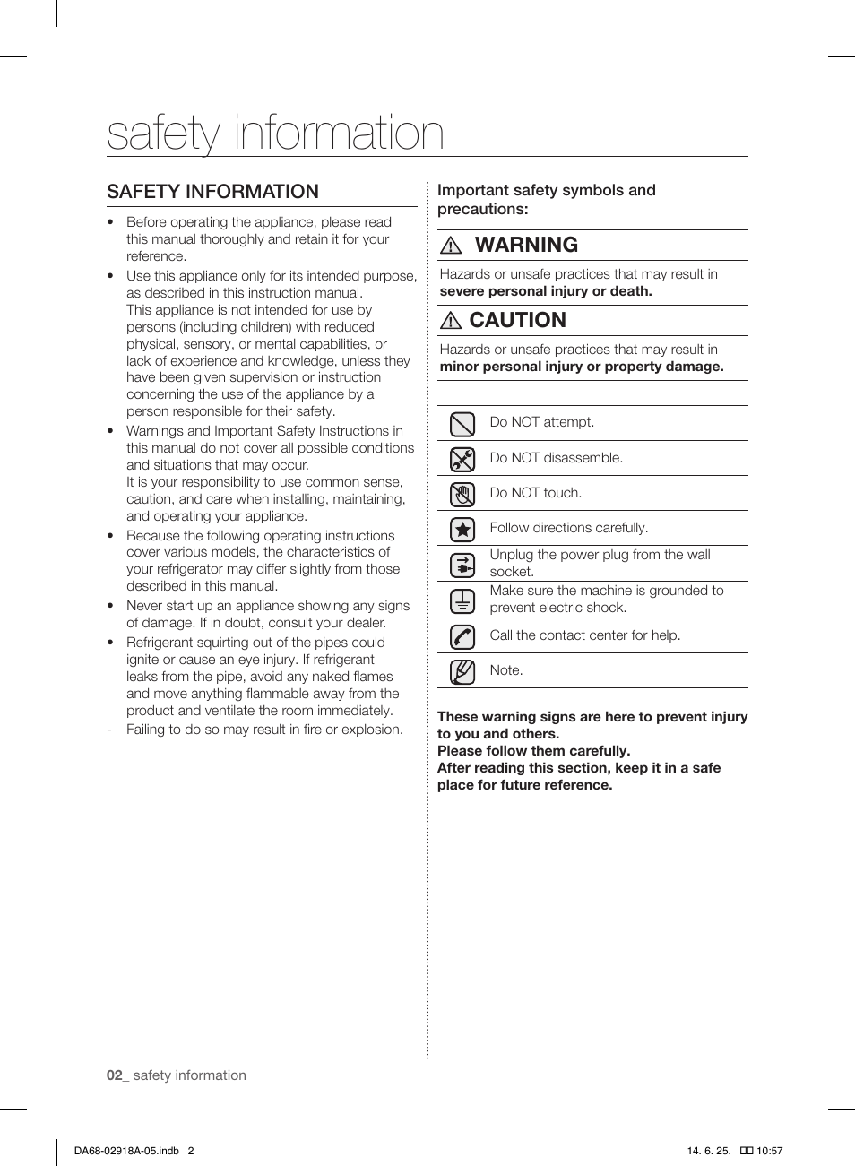 Warning, Caution, Safety information | Samsung RF32FMQDBXW-AA User Manual | Page 2 / 84