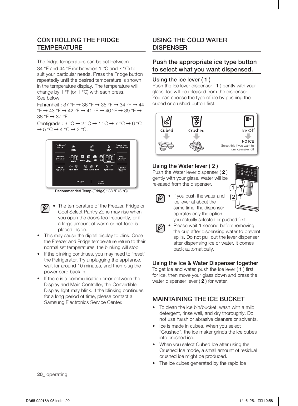 Controlling the fridge temperature, Maintaining the ice bucket | Samsung RF32FMQDBXW-AA User Manual | Page 20 / 84