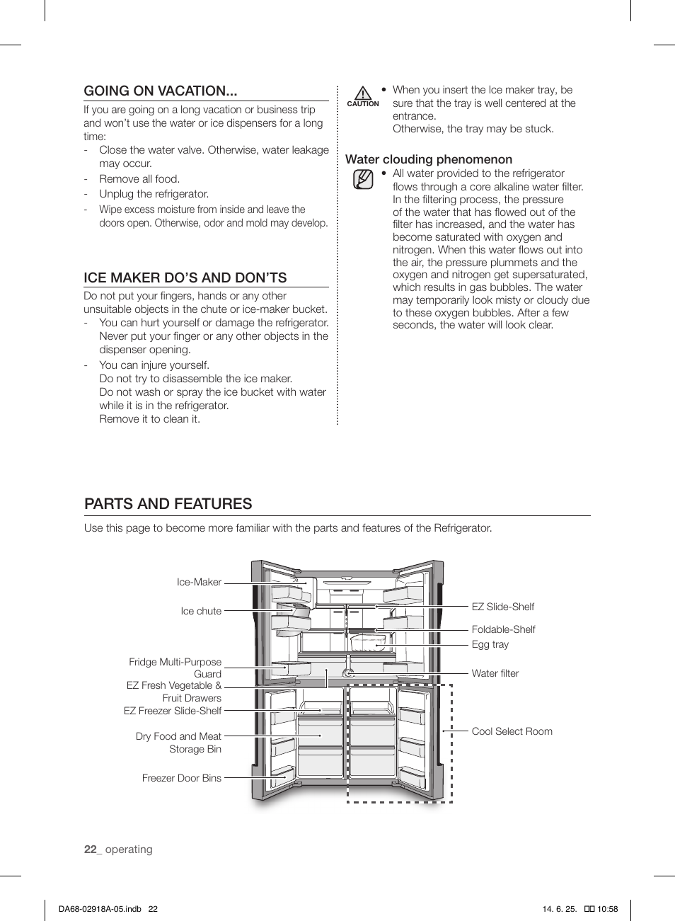 Parts and features, Going on vacation, Ice maker do’s and don’ts | Samsung RF32FMQDBXW-AA User Manual | Page 22 / 84