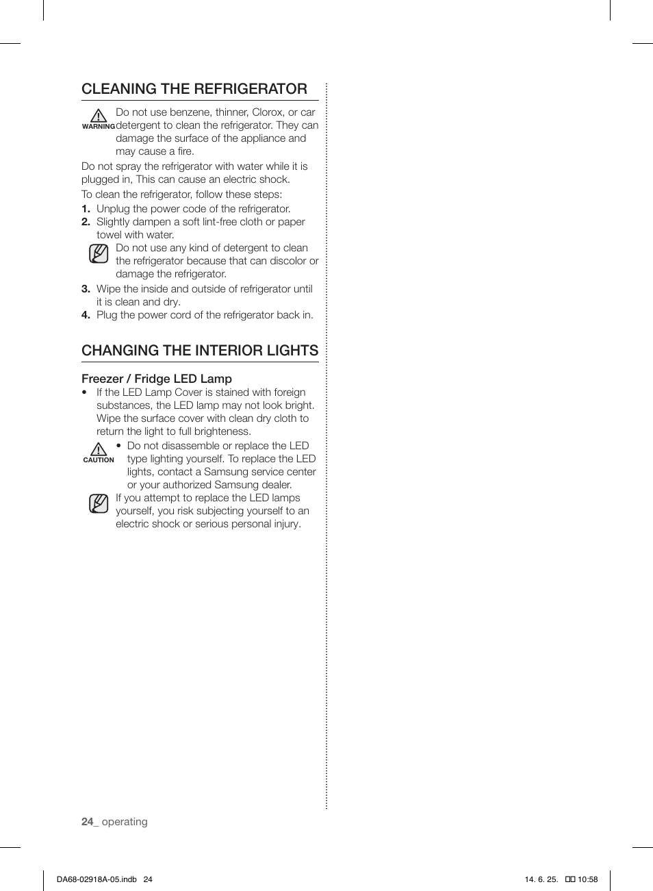 Cleaning the refrigerator, Changing the interior lights | Samsung RF32FMQDBXW-AA User Manual | Page 24 / 84