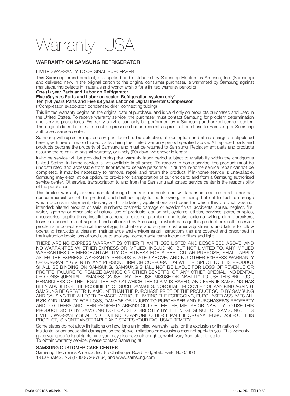 Warranty: usa | Samsung RF32FMQDBXW-AA User Manual | Page 26 / 84