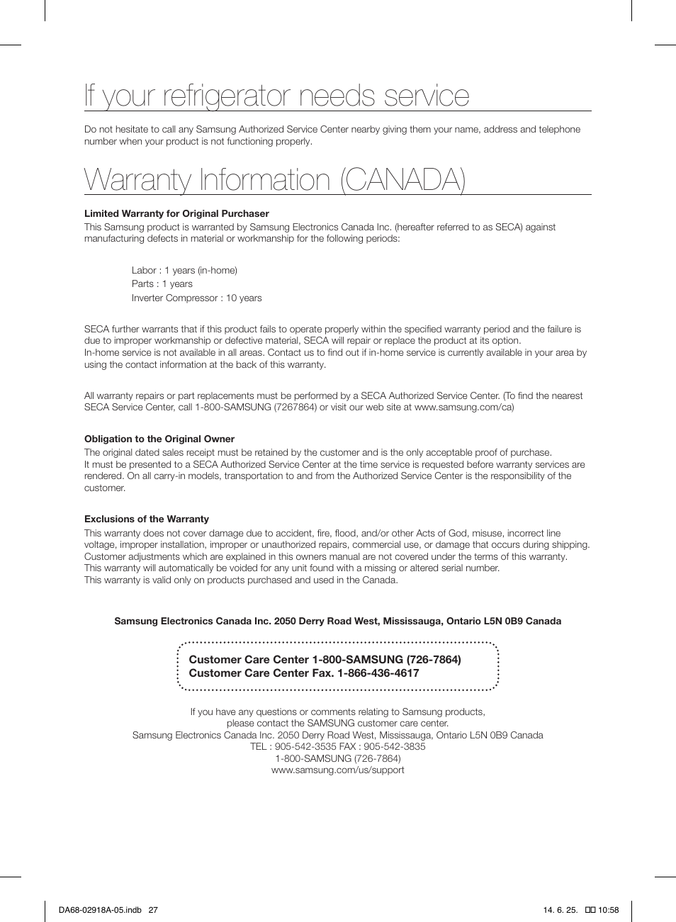 If your refrigerator needs service, Warranty information (canada) | Samsung RF32FMQDBXW-AA User Manual | Page 27 / 84