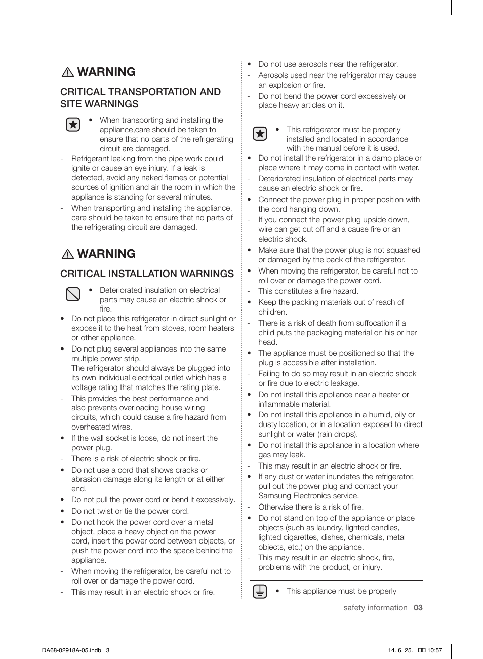 Warning, Critical transportation and site warnings, Critical installation warnings | Samsung RF32FMQDBXW-AA User Manual | Page 3 / 84