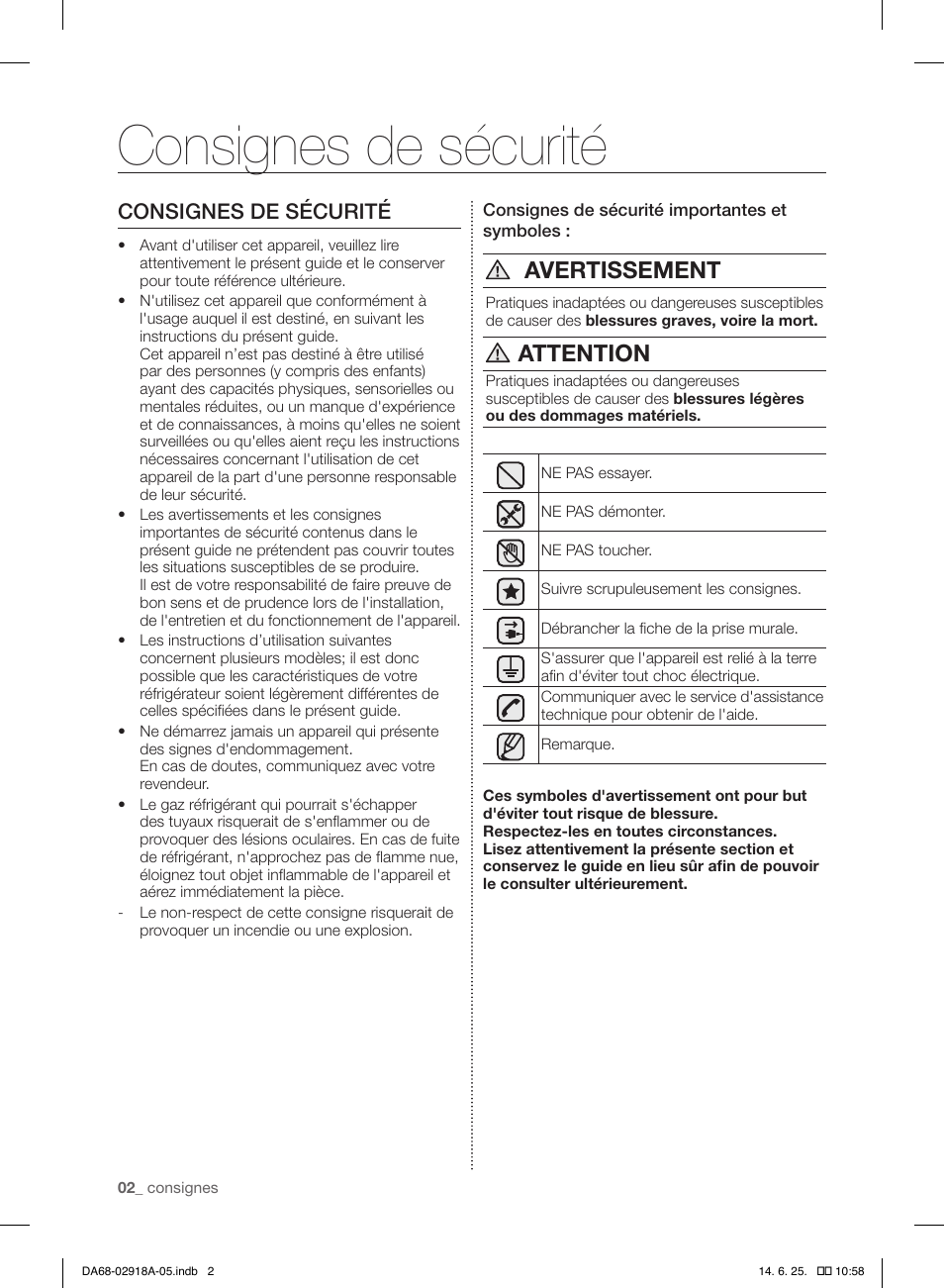 Avertissement, Attention, Consignes de sécurité | Samsung RF32FMQDBXW-AA User Manual | Page 30 / 84
