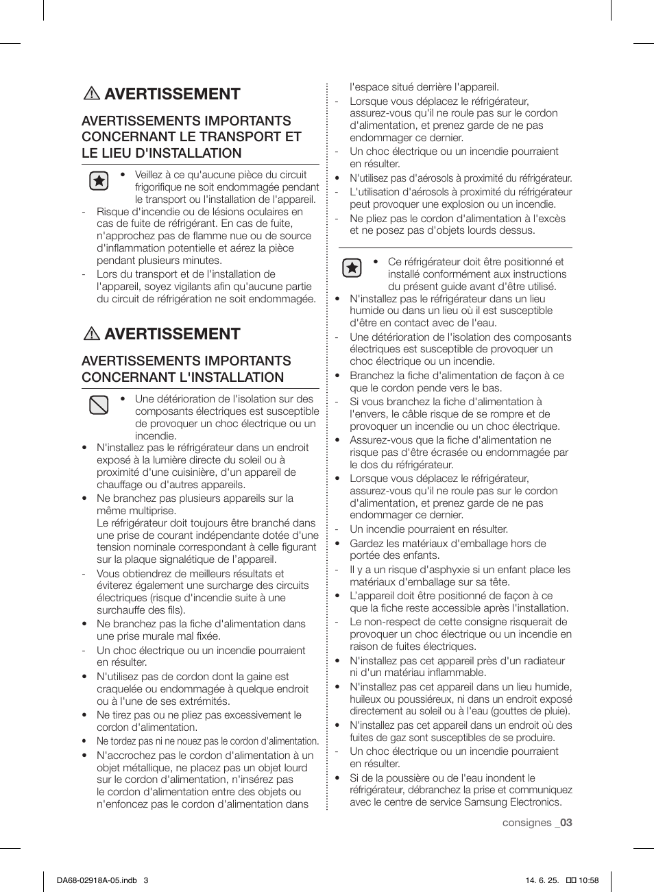 Avertissement | Samsung RF32FMQDBXW-AA User Manual | Page 31 / 84