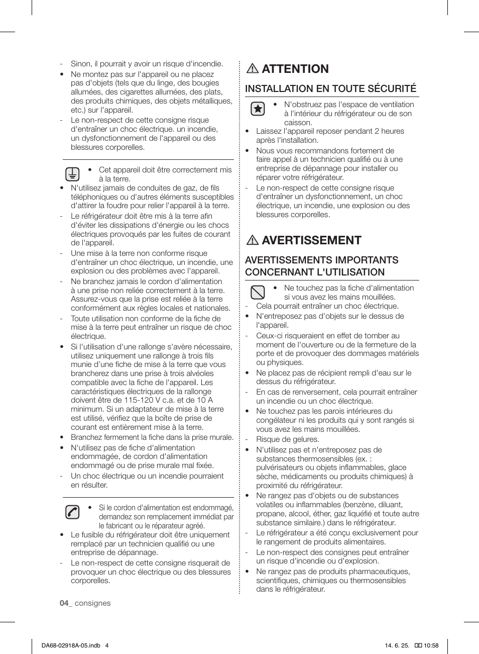 Attention, Avertissement, Installation en toute sécurité | Avertissements importants concernant l'utilisation | Samsung RF32FMQDBXW-AA User Manual | Page 32 / 84