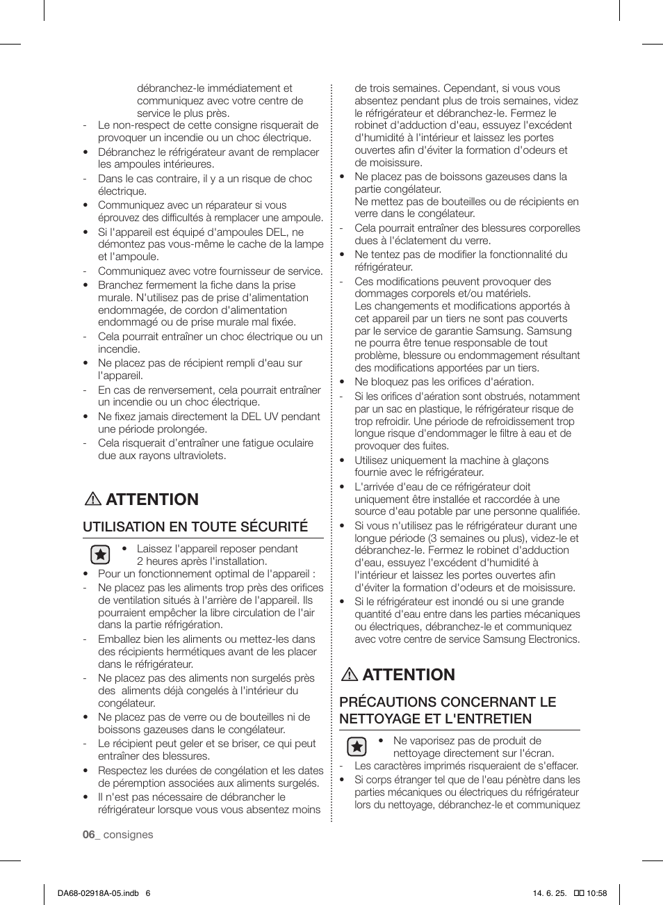 Attention, Utilisation en toute sécurité, Précautions concernant le nettoyage et l'entretien | Samsung RF32FMQDBXW-AA User Manual | Page 34 / 84