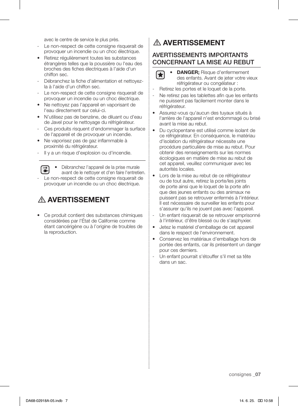 Avertissement | Samsung RF32FMQDBXW-AA User Manual | Page 35 / 84