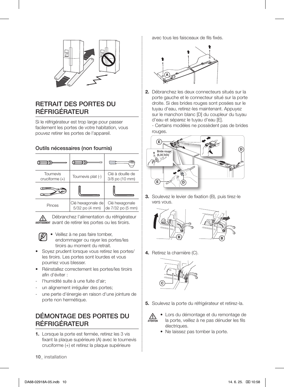 Retrait des portes du réfrigérateur, Démontage des portes du réfrigérateur | Samsung RF32FMQDBXW-AA User Manual | Page 38 / 84