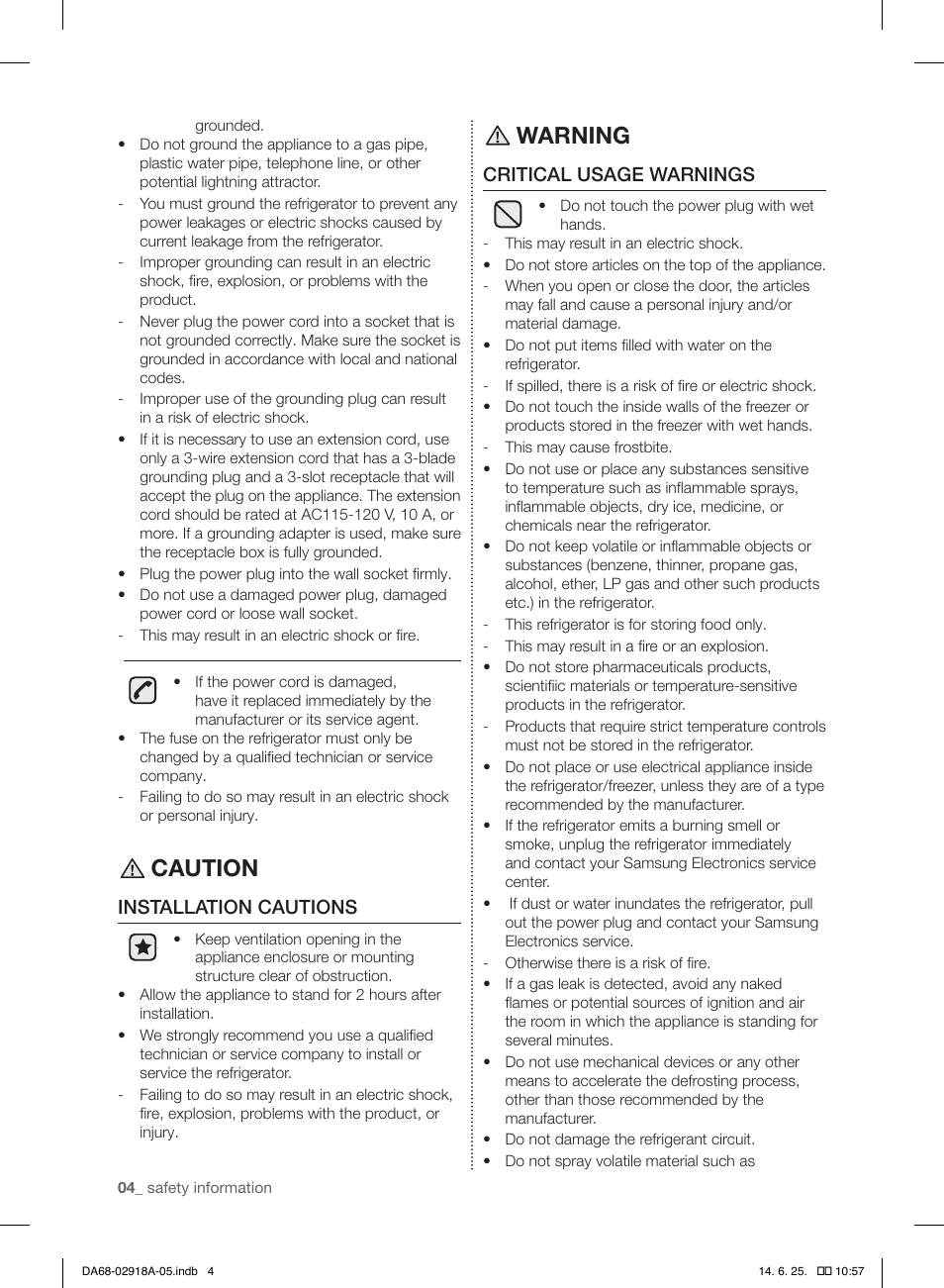 Caution, Warning, Installation cautions | Critical usage warnings | Samsung RF32FMQDBXW-AA User Manual | Page 4 / 84