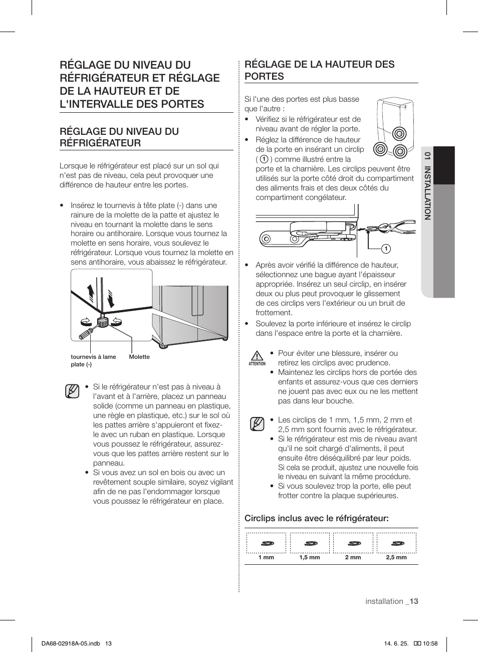 Réglage du niveau du réfrigérateur, Réglage de la hauteur des portes | Samsung RF32FMQDBXW-AA User Manual | Page 41 / 84