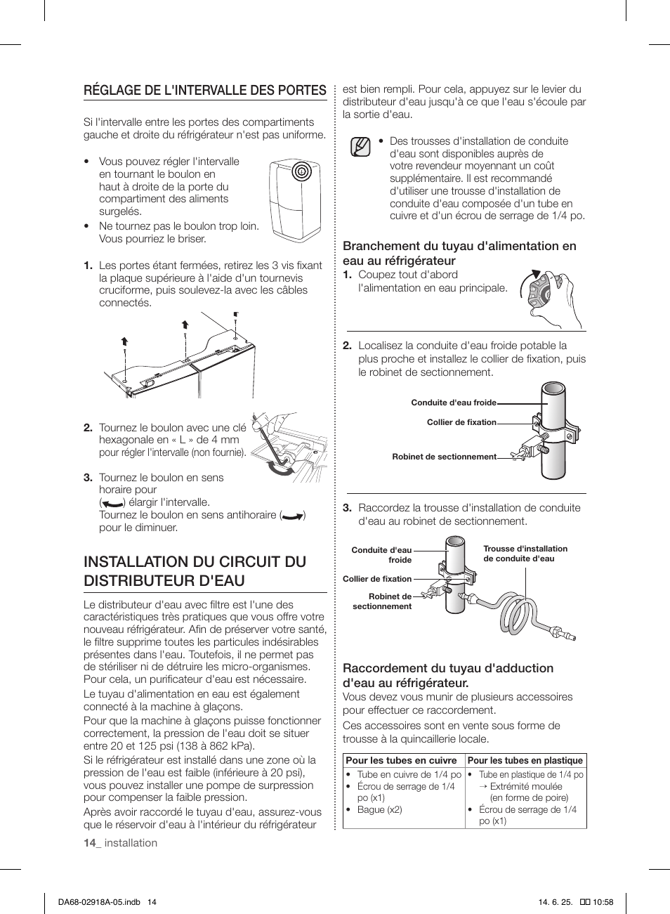 Installation du circuit du distributeur d'eau, Réglage de l'intervalle des portes | Samsung RF32FMQDBXW-AA User Manual | Page 42 / 84