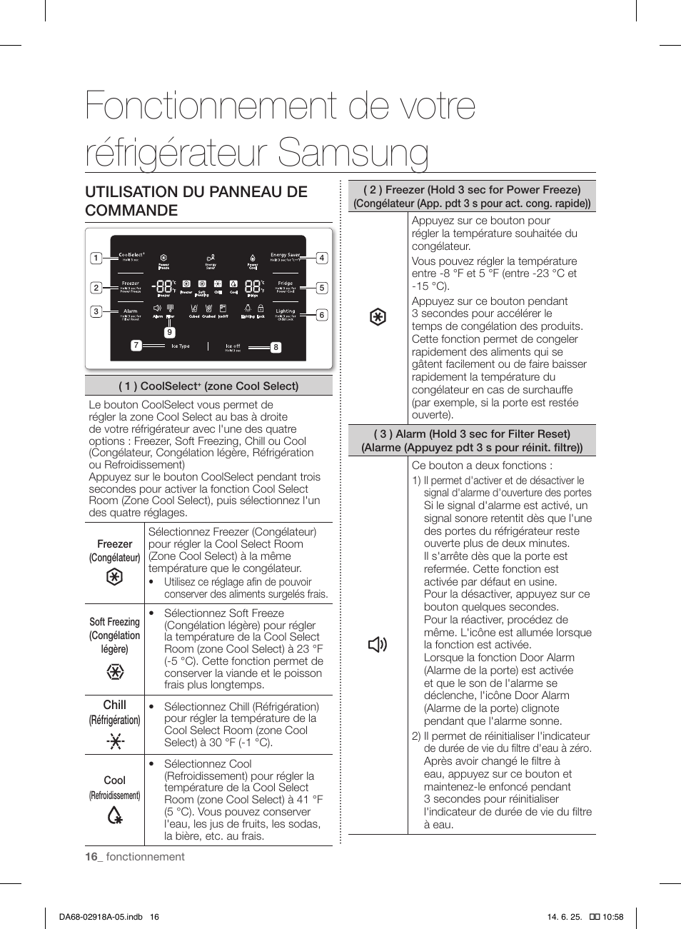 Fonctionnement de votre réfrigérateur samsung, Utilisation du panneau de commande | Samsung RF32FMQDBXW-AA User Manual | Page 44 / 84