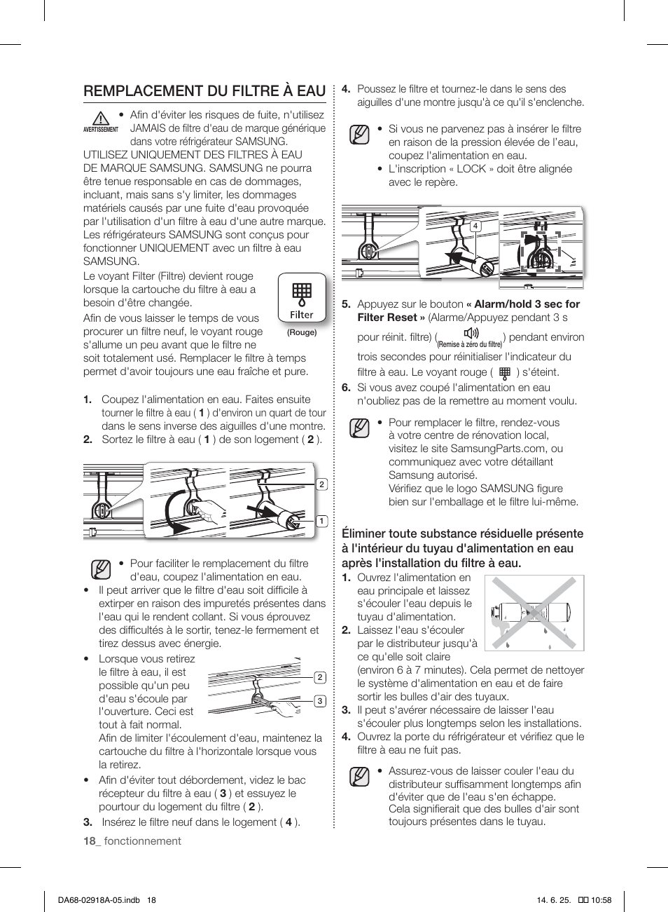 Remplacement du filtre à eau | Samsung RF32FMQDBXW-AA User Manual | Page 46 / 84