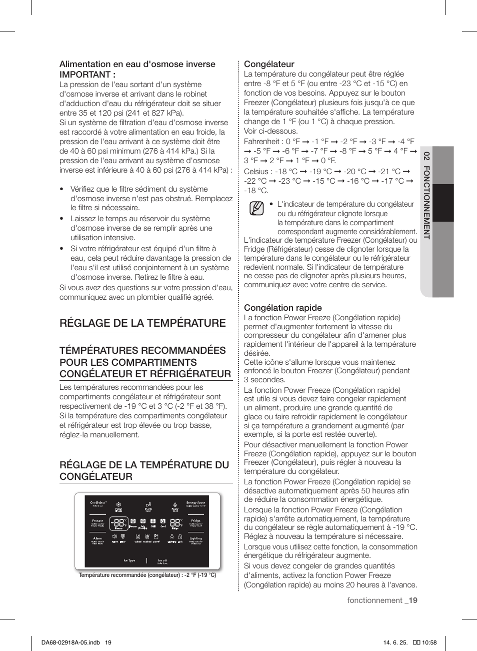 Réglage de la température, Réglage de la température du congélateur | Samsung RF32FMQDBXW-AA User Manual | Page 47 / 84