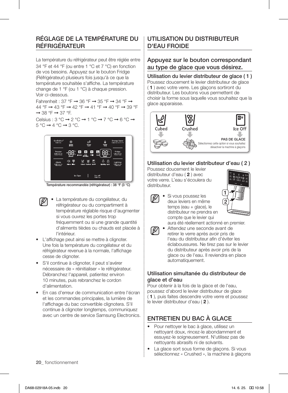 Réglage de la température du réfrigérateur, Entretien du bac à glace | Samsung RF32FMQDBXW-AA User Manual | Page 48 / 84