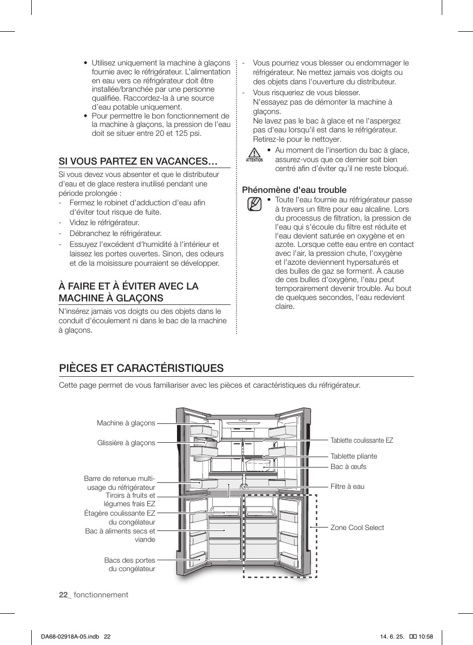 Pièces et caractéristiques, Si vous partez en vacances, À faire et à éviter avec la machine à glaçons | Samsung RF32FMQDBXW-AA User Manual | Page 50 / 84