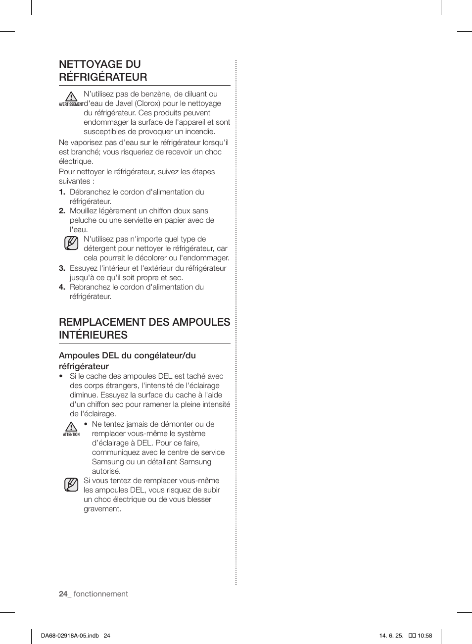Nettoyage du réfrigérateur, Remplacement des ampoules intérieures | Samsung RF32FMQDBXW-AA User Manual | Page 52 / 84