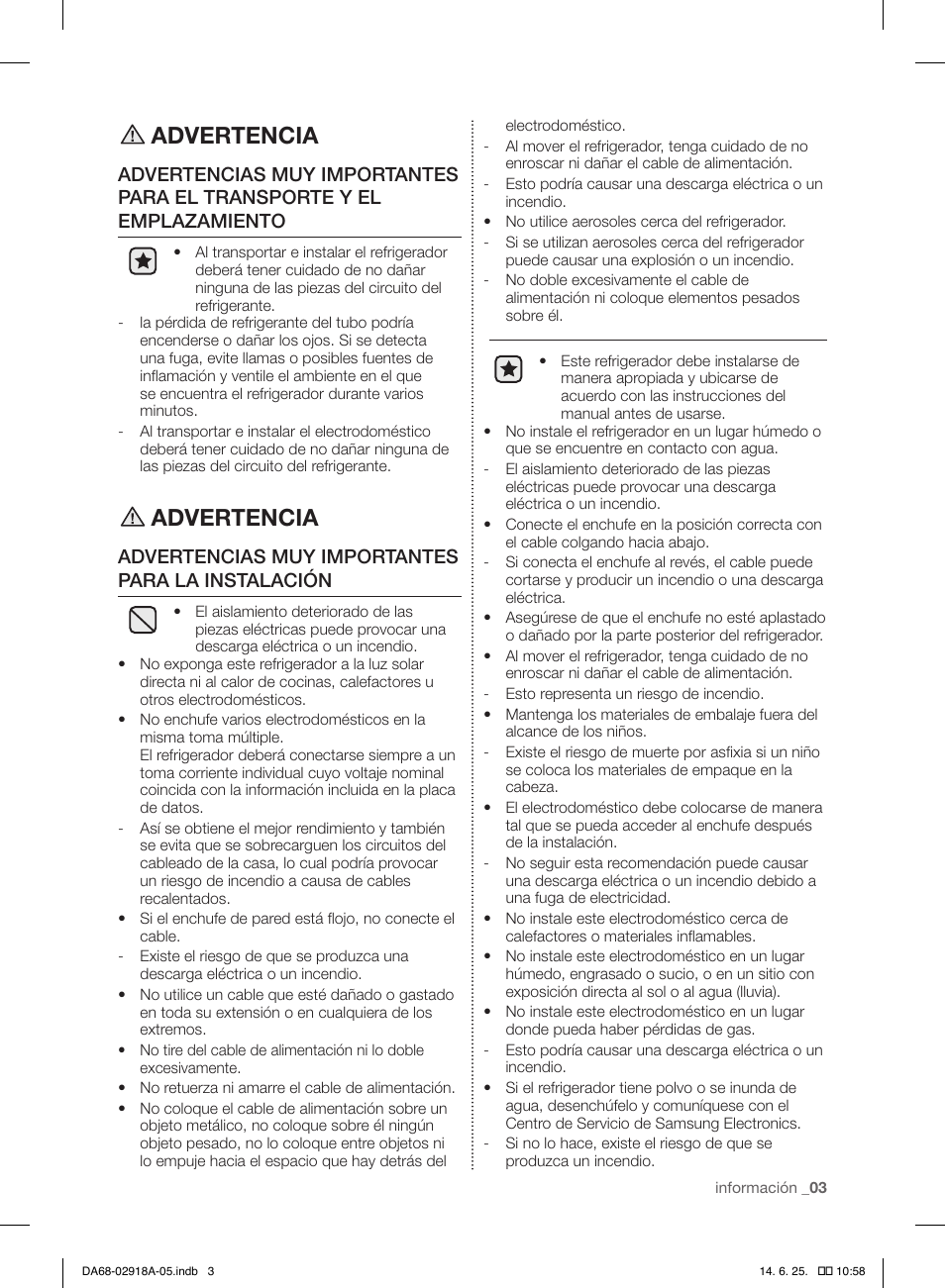 Advertencia, Advertencias muy importantes para la instalación | Samsung RF32FMQDBXW-AA User Manual | Page 59 / 84