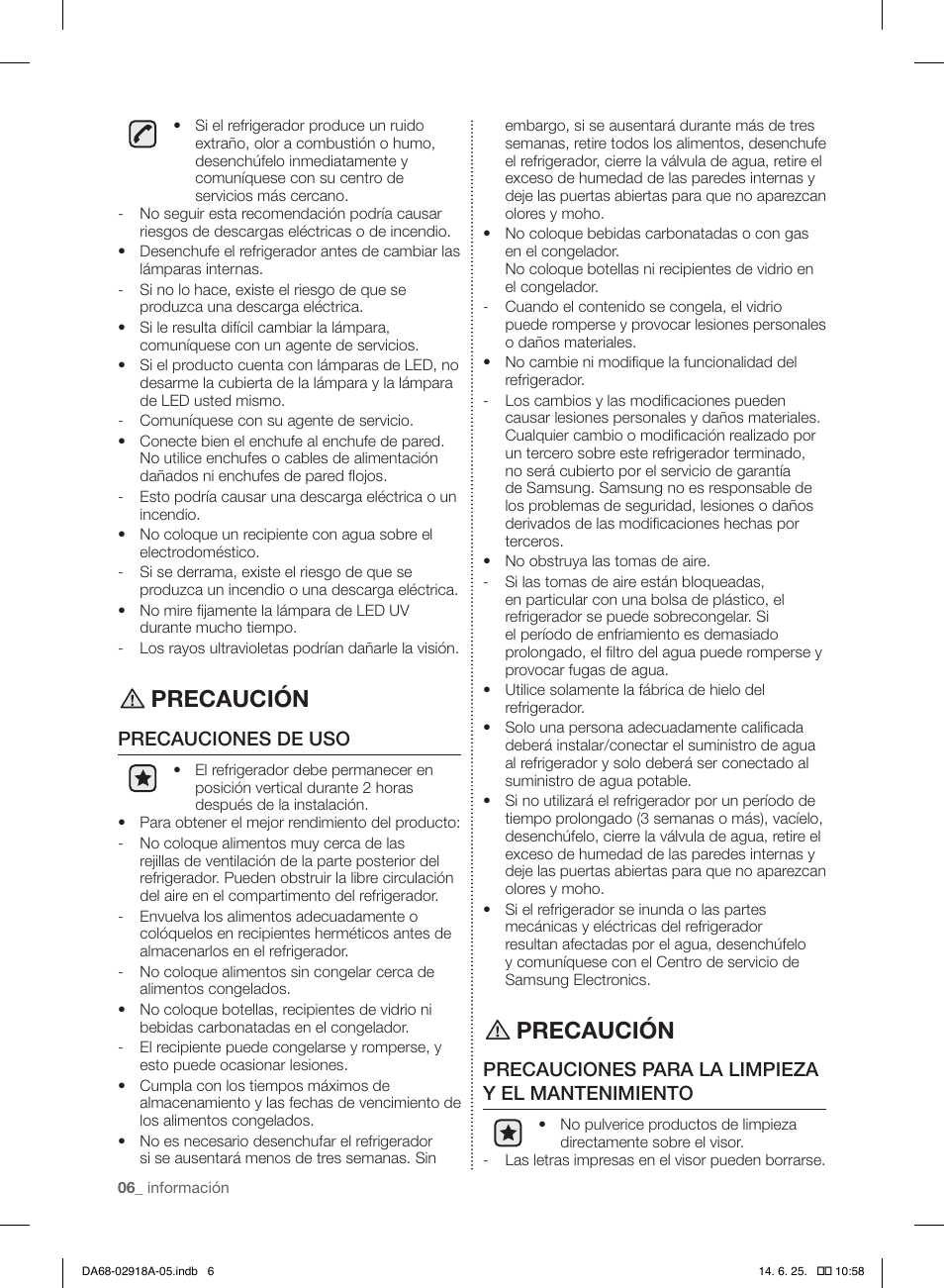 Precaución, Precauciones de uso, Precauciones para la limpieza y el mantenimiento | Samsung RF32FMQDBXW-AA User Manual | Page 62 / 84