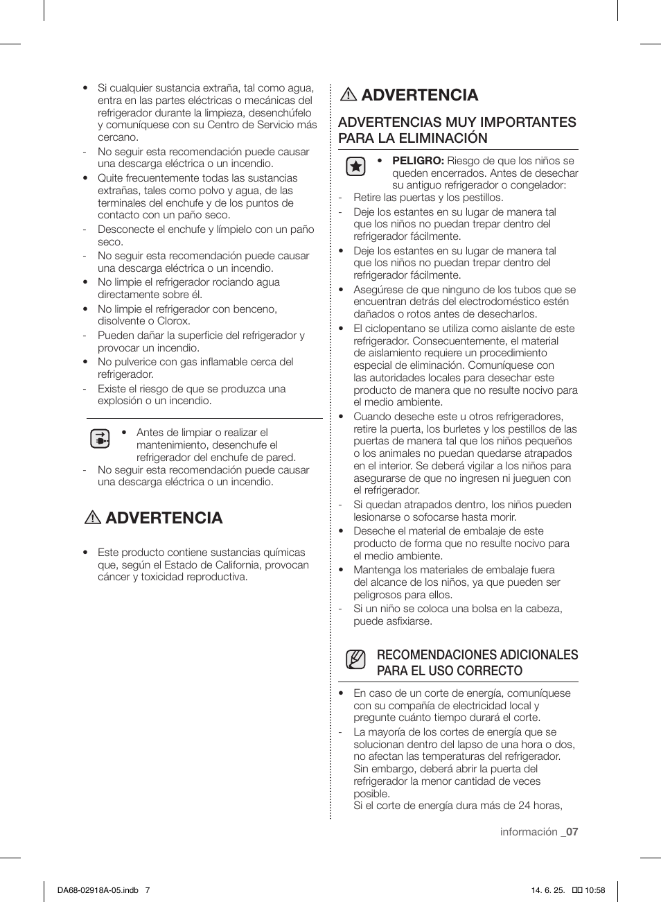 Advertencia, Advertencias muy importantes para la eliminación, Recomendaciones adicionales para el uso correcto | Samsung RF32FMQDBXW-AA User Manual | Page 63 / 84