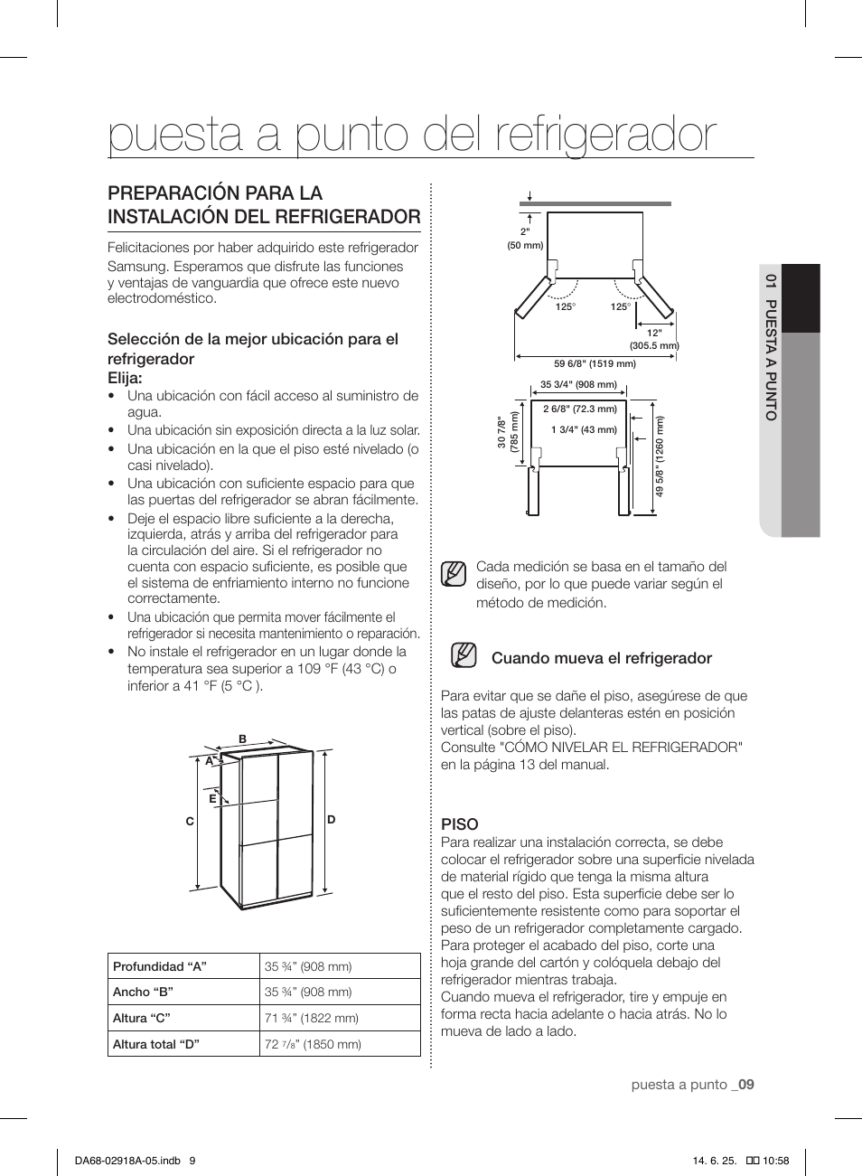 Puesta a punto del refrigerador, Preparación para la instalación del refrigerador | Samsung RF32FMQDBXW-AA User Manual | Page 65 / 84