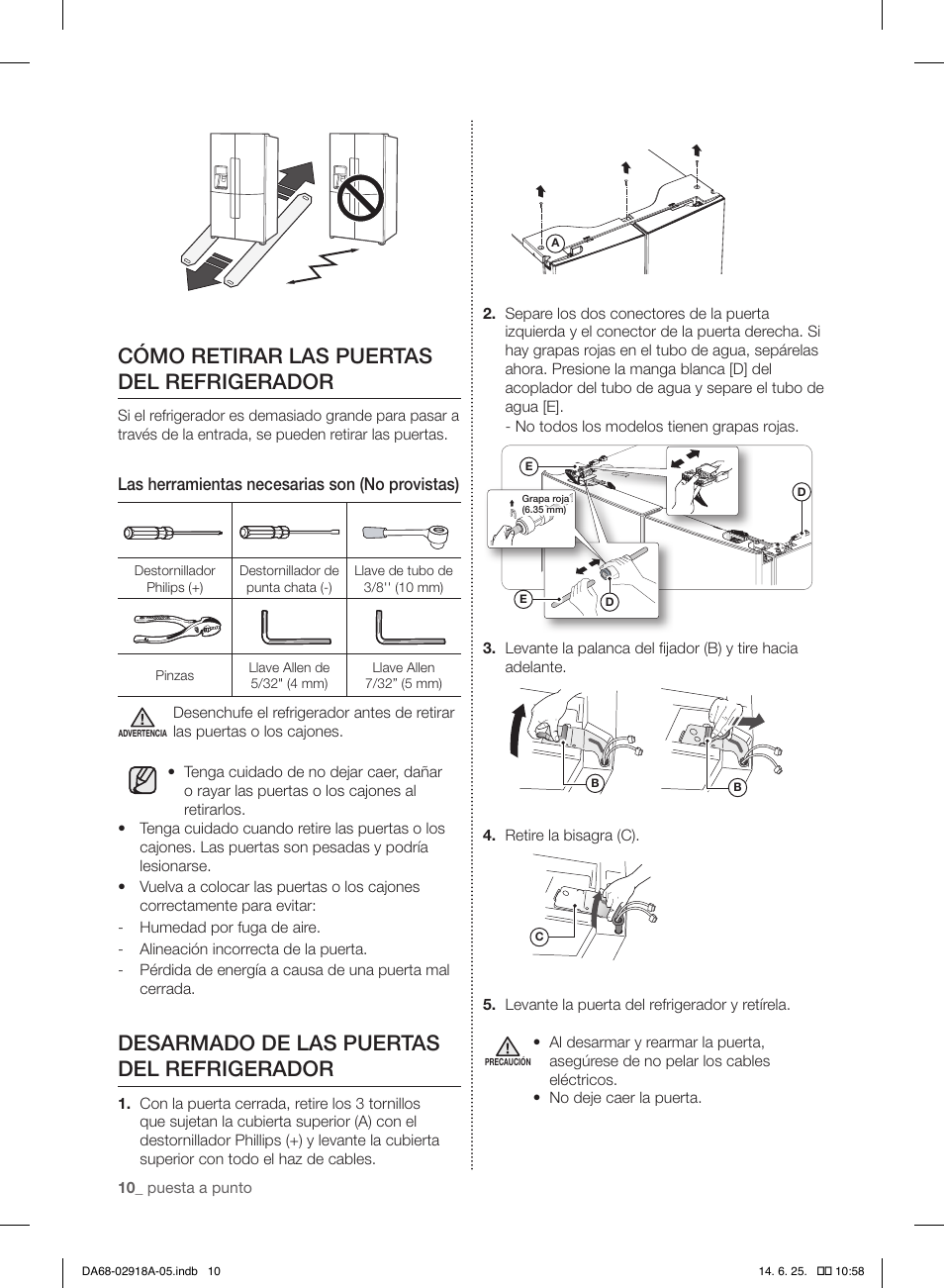 Cómo retirar las puertas del refrigerador, Desarmado de las puertas del refrigerador | Samsung RF32FMQDBXW-AA User Manual | Page 66 / 84