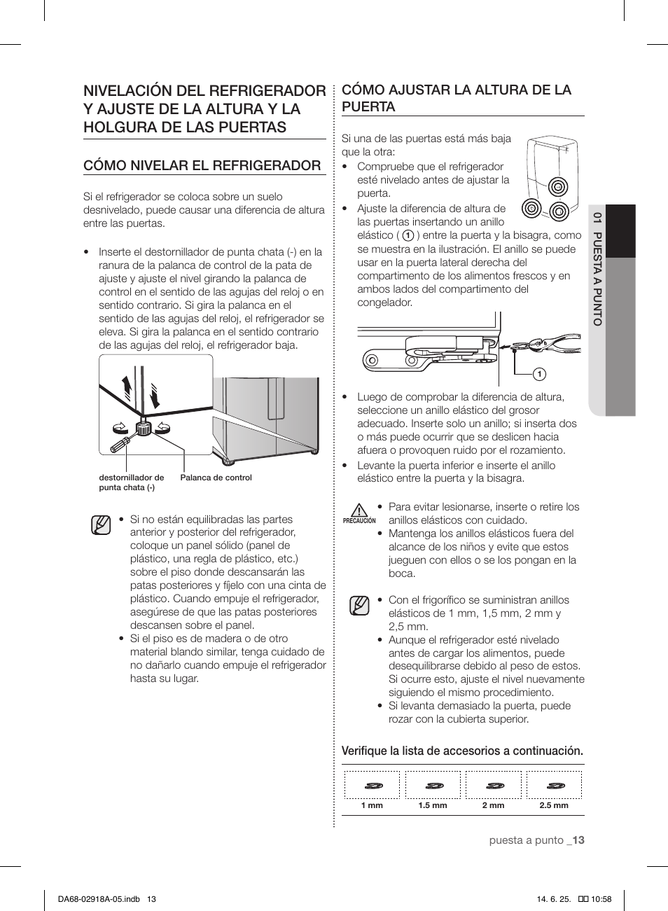 Cómo nivelar el refrigerador, Cómo ajustar la altura de la puerta | Samsung RF32FMQDBXW-AA User Manual | Page 69 / 84