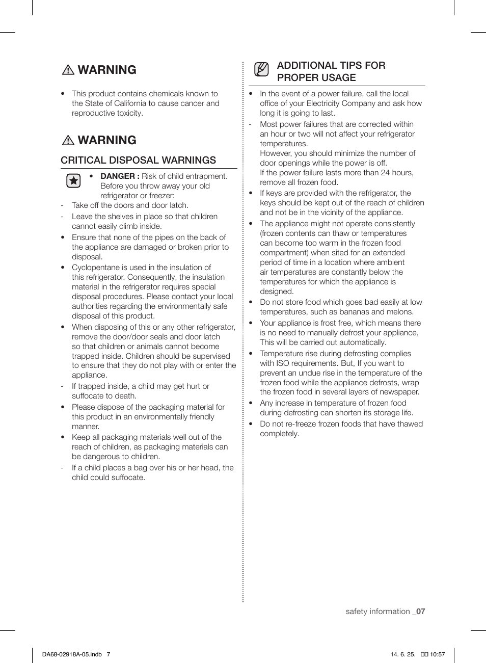 Warning, Critical disposal warnings, Additional tips for proper usage | Samsung RF32FMQDBXW-AA User Manual | Page 7 / 84