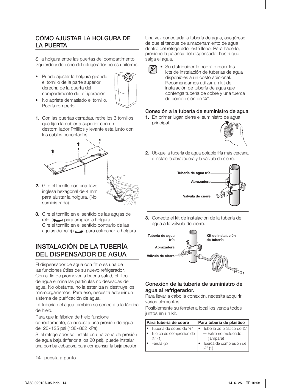 Instalación de la tubería del dispensador de agua, Cómo ajustar la holgura de la puerta | Samsung RF32FMQDBXW-AA User Manual | Page 70 / 84