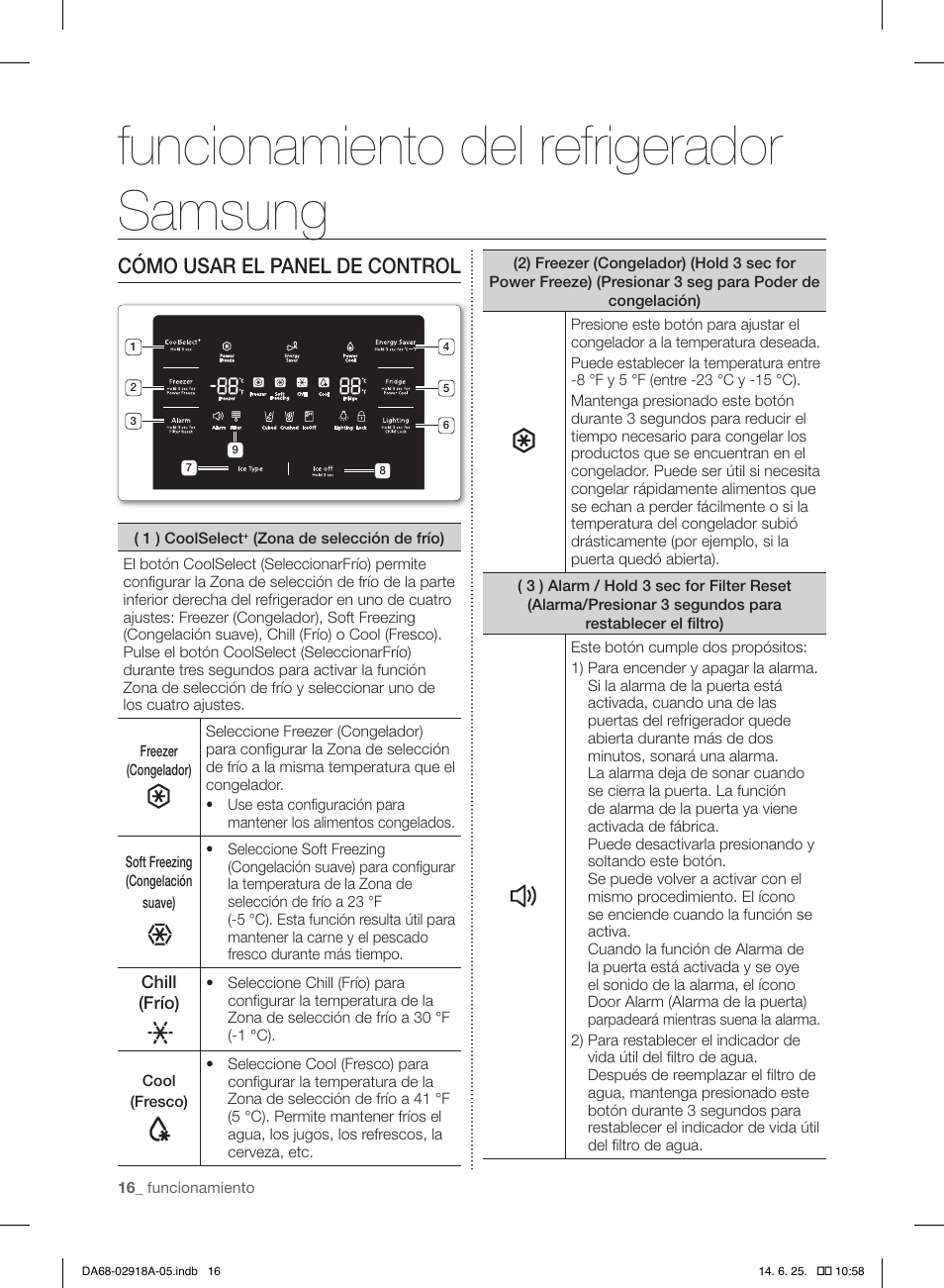 Funcionamiento del refrigerador samsung, Cómo usar el panel de control | Samsung RF32FMQDBXW-AA User Manual | Page 72 / 84