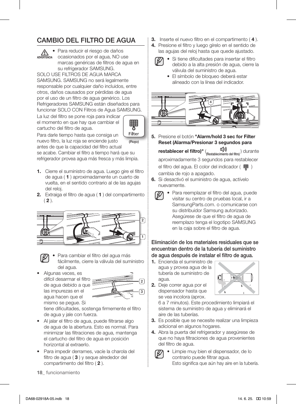 Cambio del filtro de agua | Samsung RF32FMQDBXW-AA User Manual | Page 74 / 84