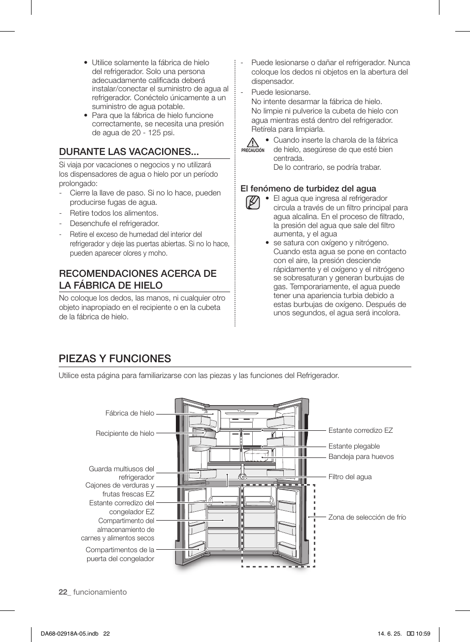 Piezas y funciones, Durante las vacaciones, Recomendaciones acerca de la fábrica de hielo | Samsung RF32FMQDBXW-AA User Manual | Page 78 / 84