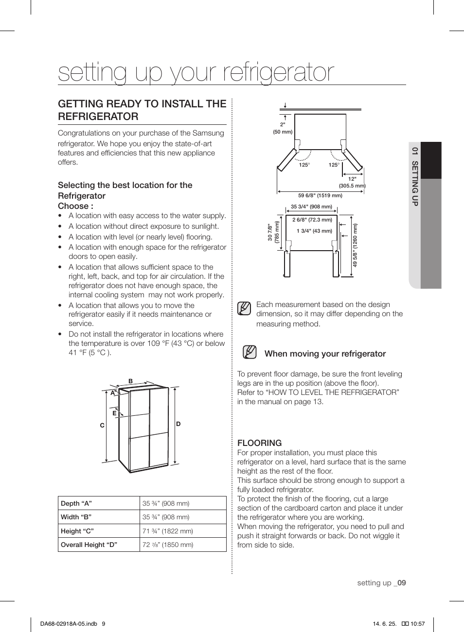 Setting up your refrigerator, Getting ready to install the refrigerator | Samsung RF32FMQDBXW-AA User Manual | Page 9 / 84