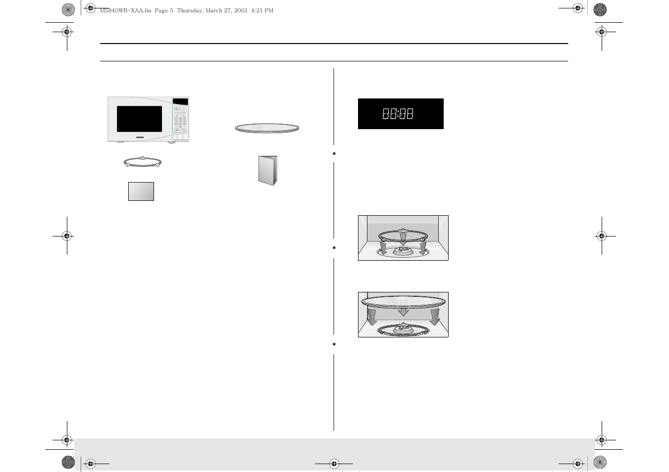 Your new microwave oven, Checking parts, Warranty and service information | Setting up your microwave oven | Samsung MW840WC-XAA User Manual | Page 5 / 24