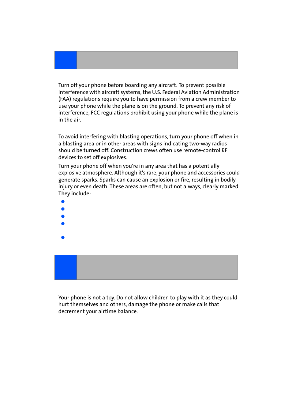 Turning off your phone before flying, Turning off your phone in dangerous areas, Restricting children’s access to your phone | Samsung SPH-A640ZKAAFT User Manual | Page 176 / 192