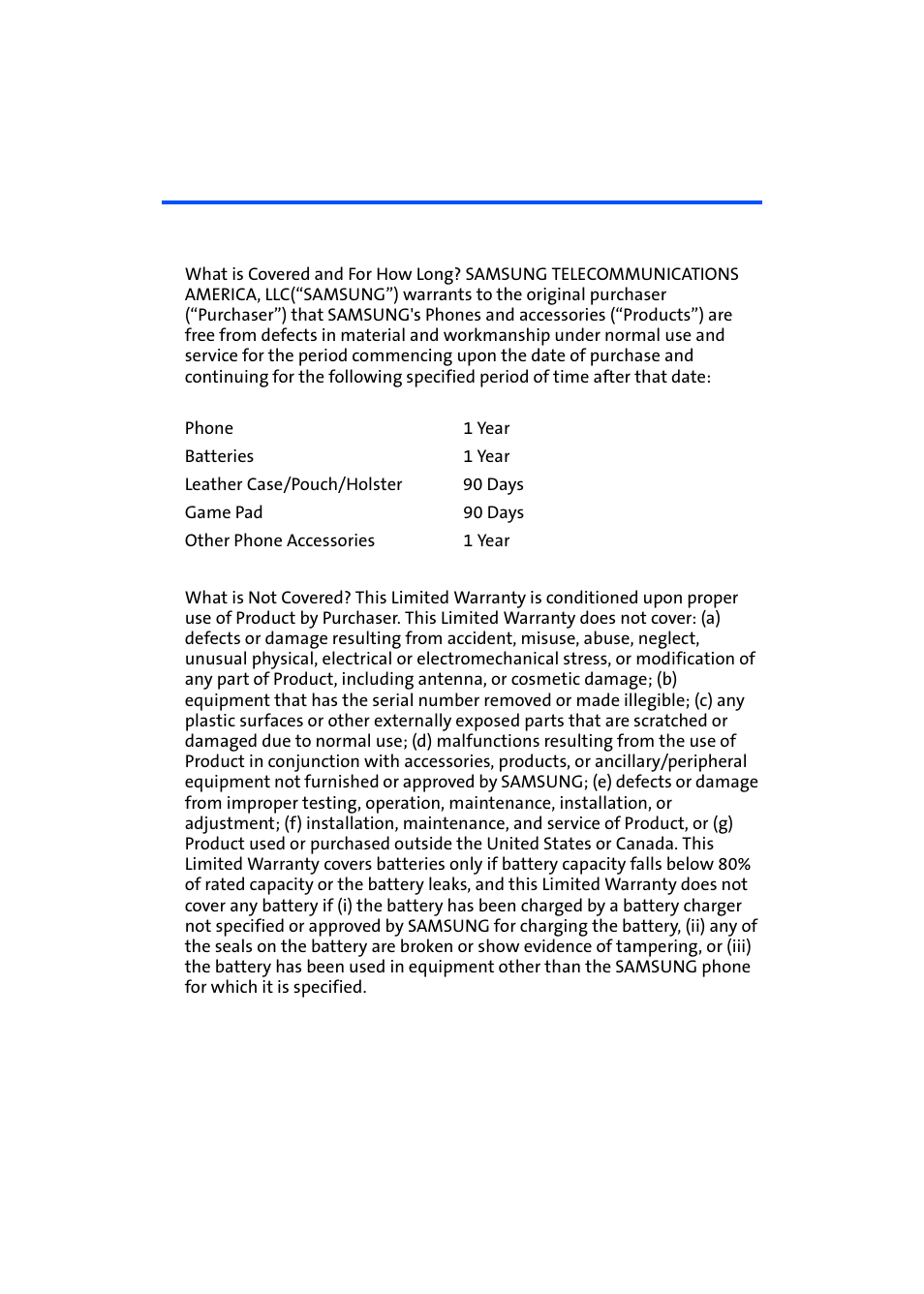 Manufacturer’s warranty, Standard limited warranty | Samsung SPH-A640ZKAAFT User Manual | Page 184 / 192