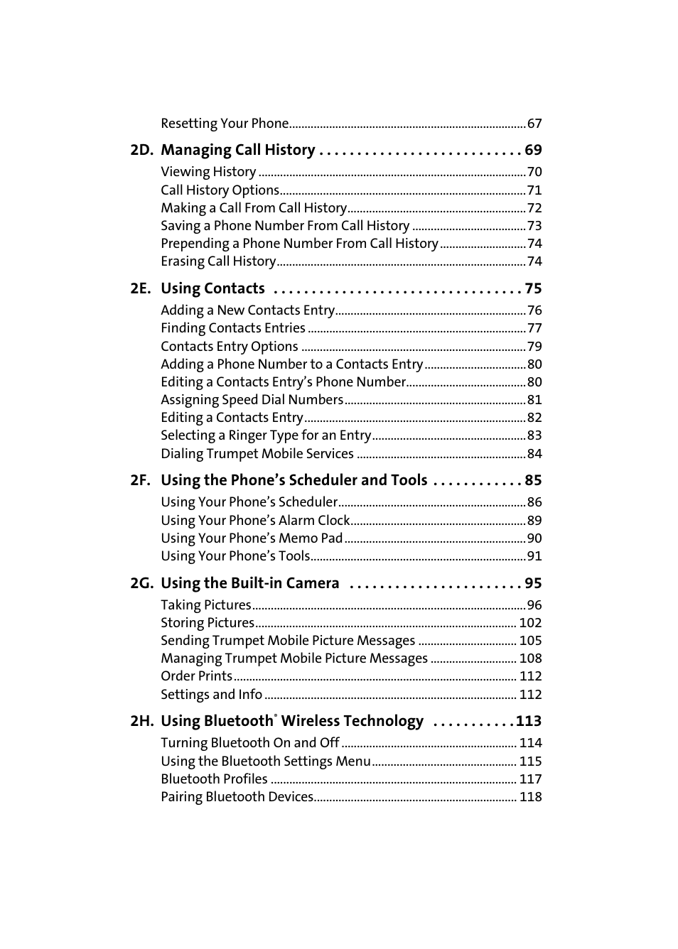 2d. managing call history 69, 2e. using contacts 75, 2f. using the phone’s scheduler and tools 85 | 2g. using the built-in camera 95, 2h. using bluetooth® wireless technology 113 | Samsung SPH-A640ZKAAFT User Manual | Page 4 / 192